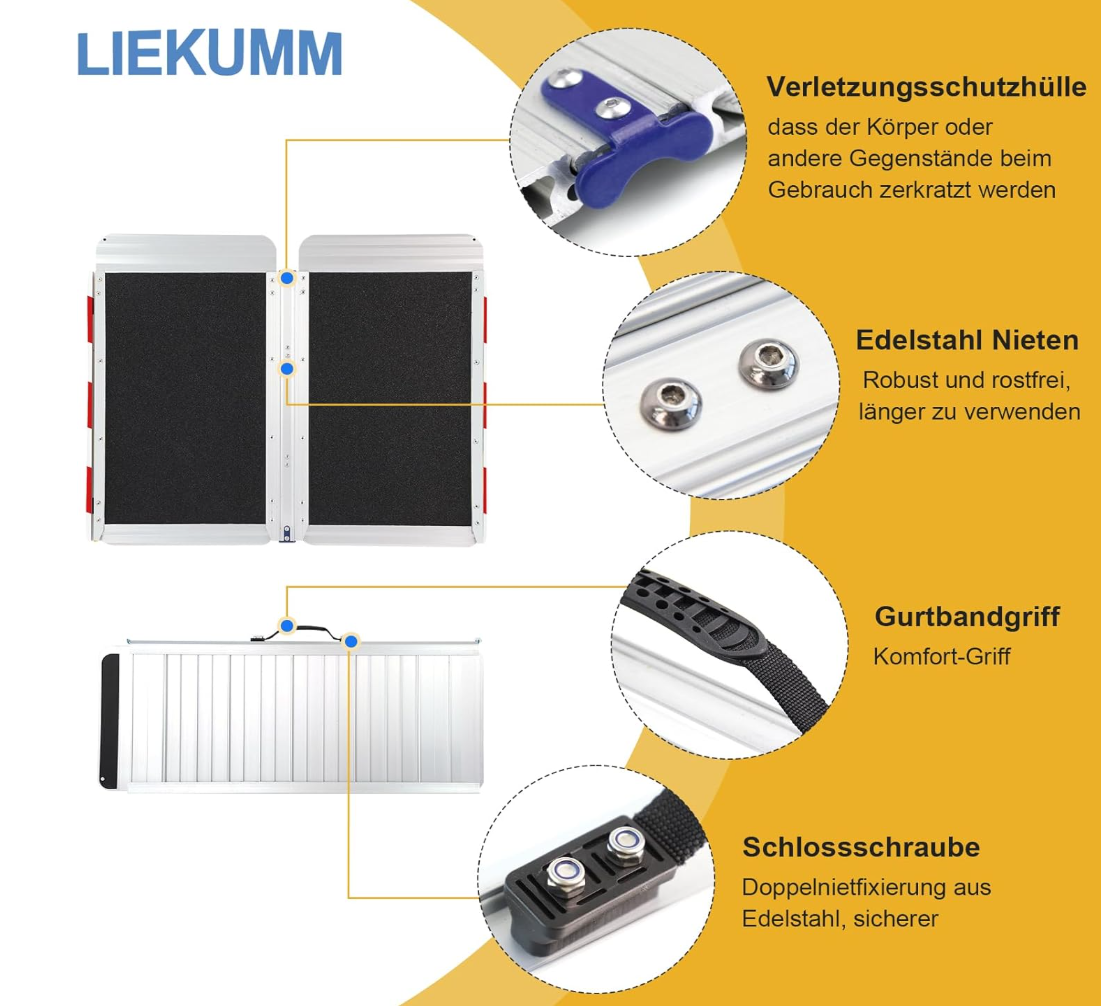 LIEKUMM Rollstuhlrampe 77 cm Breite, 300 kg Kapazität Rollstuhlrampe Klappbar, 61 cm Aluminium Rollstuhlrampe für Treppen, Stufen, Bordsteine, Schwellenrampe für Elektro-Rollstuhl, Kinderwagen
