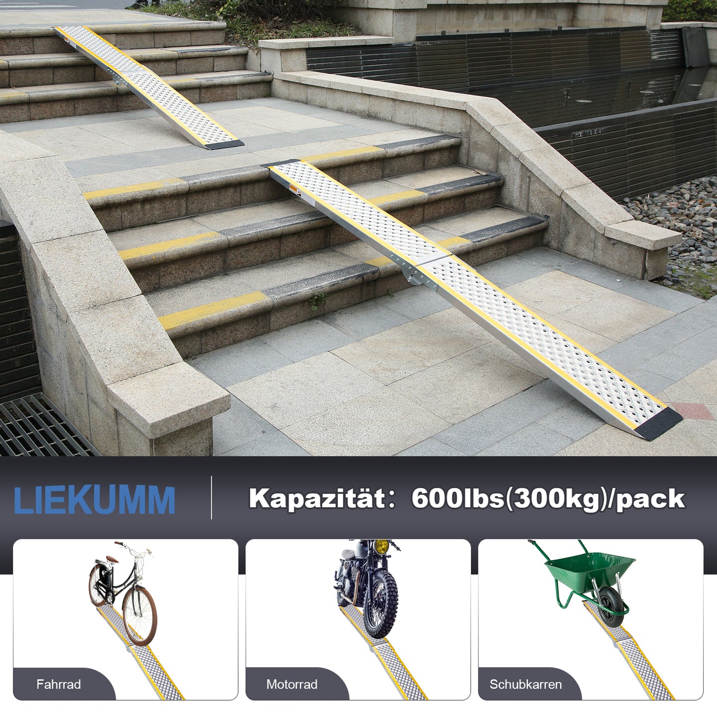 LIEKUMM 1 x 200 cm Auffahrrampe, 300 kg Tragkraft Aluminium Motorrad Rampe Klappbar, Auffahrrampe für Anhänger, ATV, Motorrad, Fahrrad, PKW, Verladerampe für Anhänger