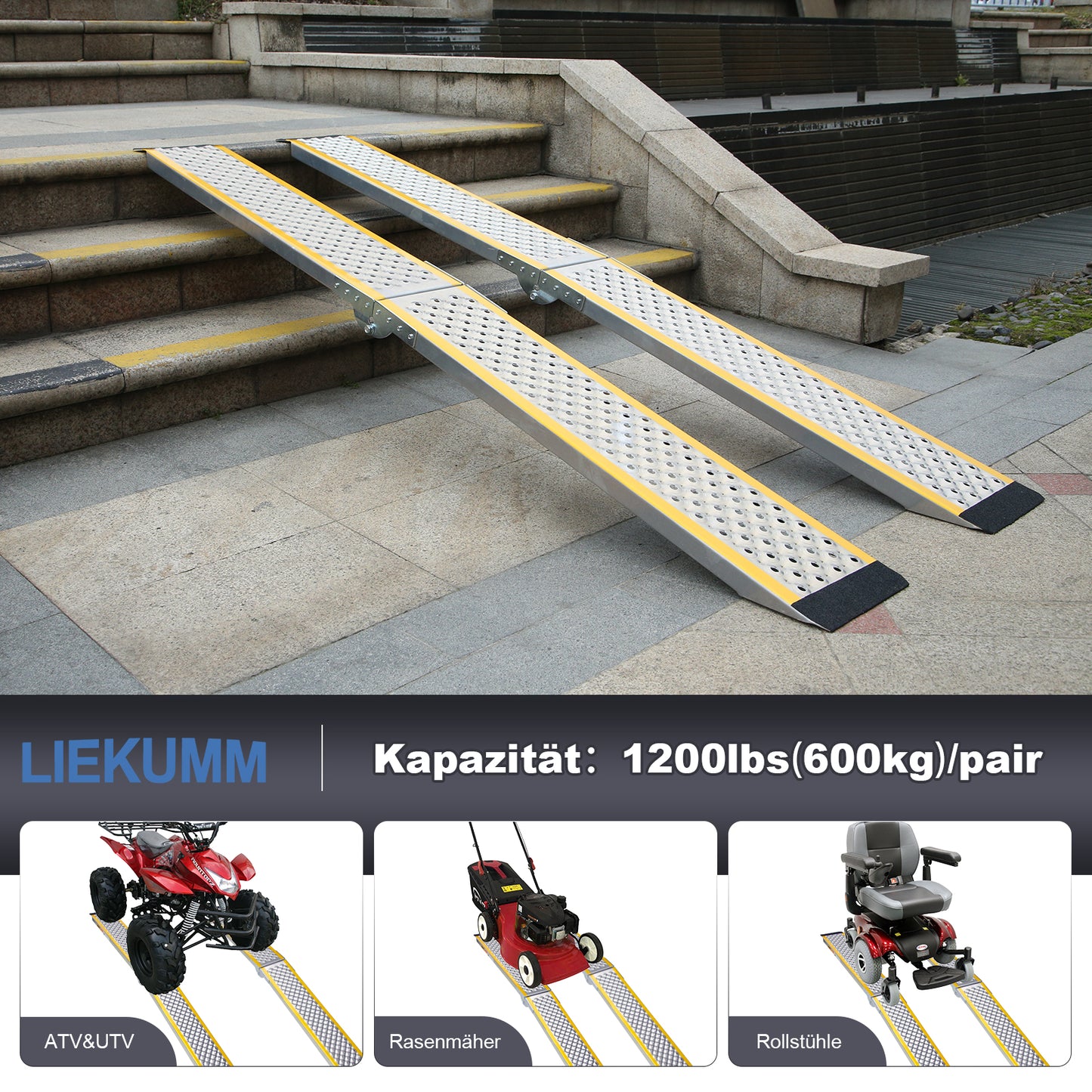 LIEKUMM 1 x 200 cm Auffahrrampe, 300 kg Tragkraft Aluminium Motorrad Rampe Klappbar, Auffahrrampe für Anhänger, ATV, Motorrad, Fahrrad, PKW, Verladerampe für Anhänger
