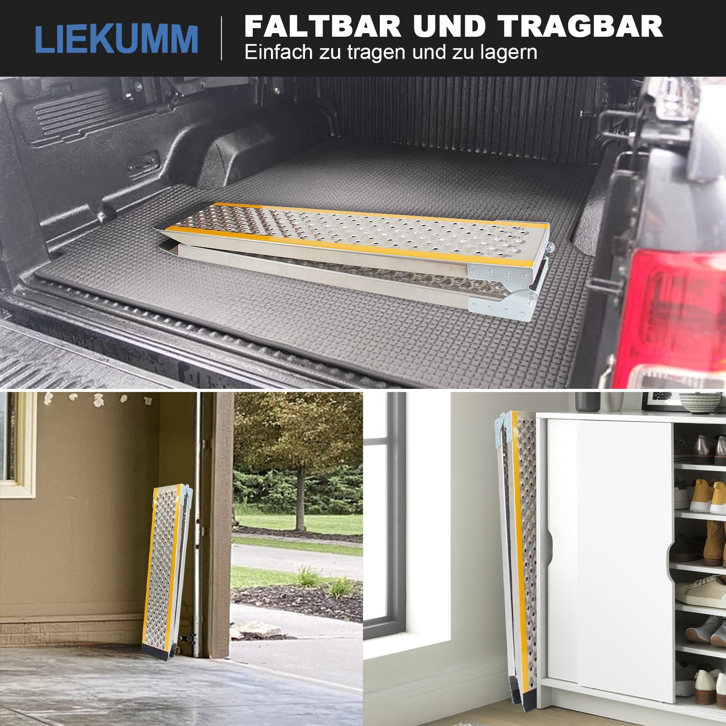 LIEKUMM 1 x 200 cm Auffahrrampe, 300 kg Tragkraft Aluminium Motorrad Rampe Klappbar, Auffahrrampe für Anhänger, ATV, Motorrad, Fahrrad, PKW, Verladerampe für Anhänger
