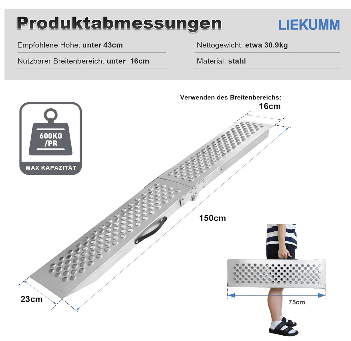 LIEKUMM 2X Auffahrrampe,150 cm Stahl Klabbar Laderampe, 600 kg Tragkraft Auffahrrampe für Anhänger, Treppe, Motorrad Rampe für ATV, LKW, Quad, E-Bikes