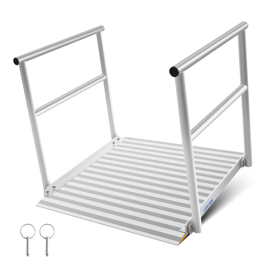 LIEKUMM 91x91cm Aluminium Rollstuhlrampe mit Handläufen(80cmH), 300kg Kapazität Schwellerampe für Haus Schritte Treppen Bordsteinkanten, Türschwellenrampen für Rollstühle Scooter Carts Walkers