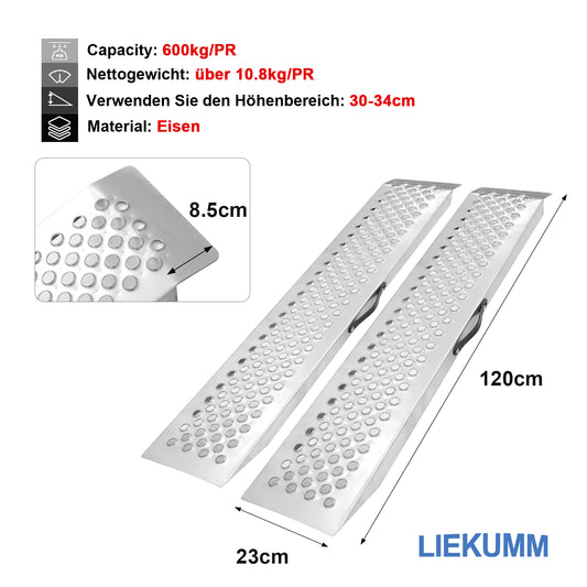 LIEKUMM 120X23cm Laderampe, 1 Stück 120cm Auffahrrampe, 300kg/PC Kapazität, 2X Auffahrrampe, 600kg/PR Kapazität, Verladerampen für Motorrad, ATV, LKW, Quad, Rasenmäher, Schneefräse, Anti-Rutsch Wasserdicht Rostfrei