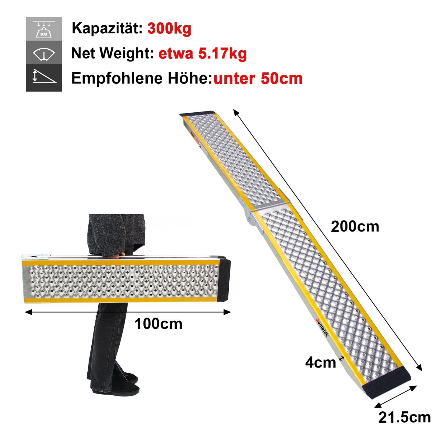 Rampe de chargement, 200 x 21,5 cm, rampe de chargement portable pour moto, capacité de 300 kg, rampe de chargement en aluminium pour VTT, quad, camion, scooter, tondeuse à gazon, motocross, 1 pièce