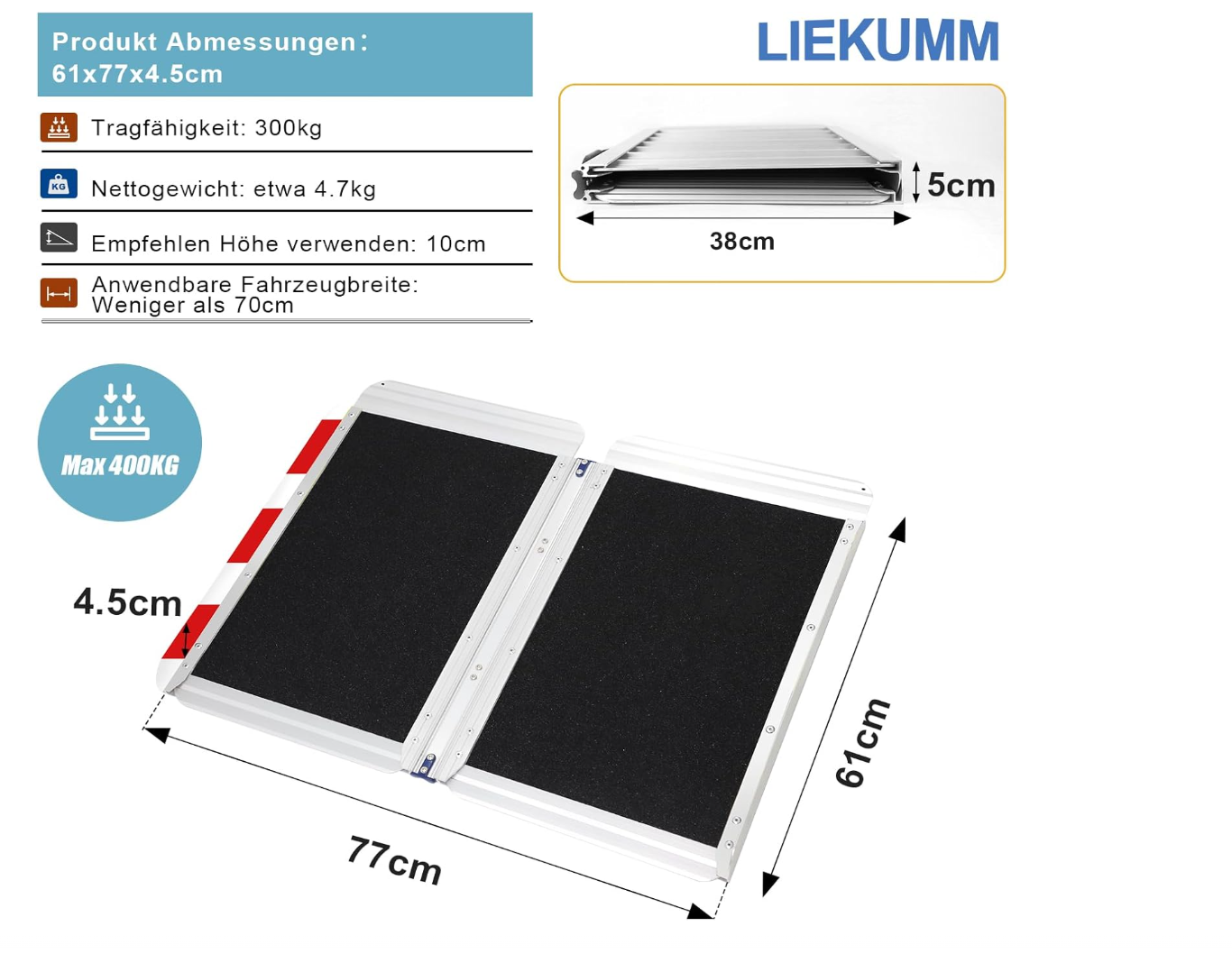 LIEKUMM Rollstuhlrampe 77 cm Breite, 300 kg Kapazität Rollstuhlrampe Klappbar, 61 cm Aluminium Rollstuhlrampe für Treppen, Stufen, Bordsteine, Schwellenrampe für Elektro-Rollstuhl, Kinderwagen