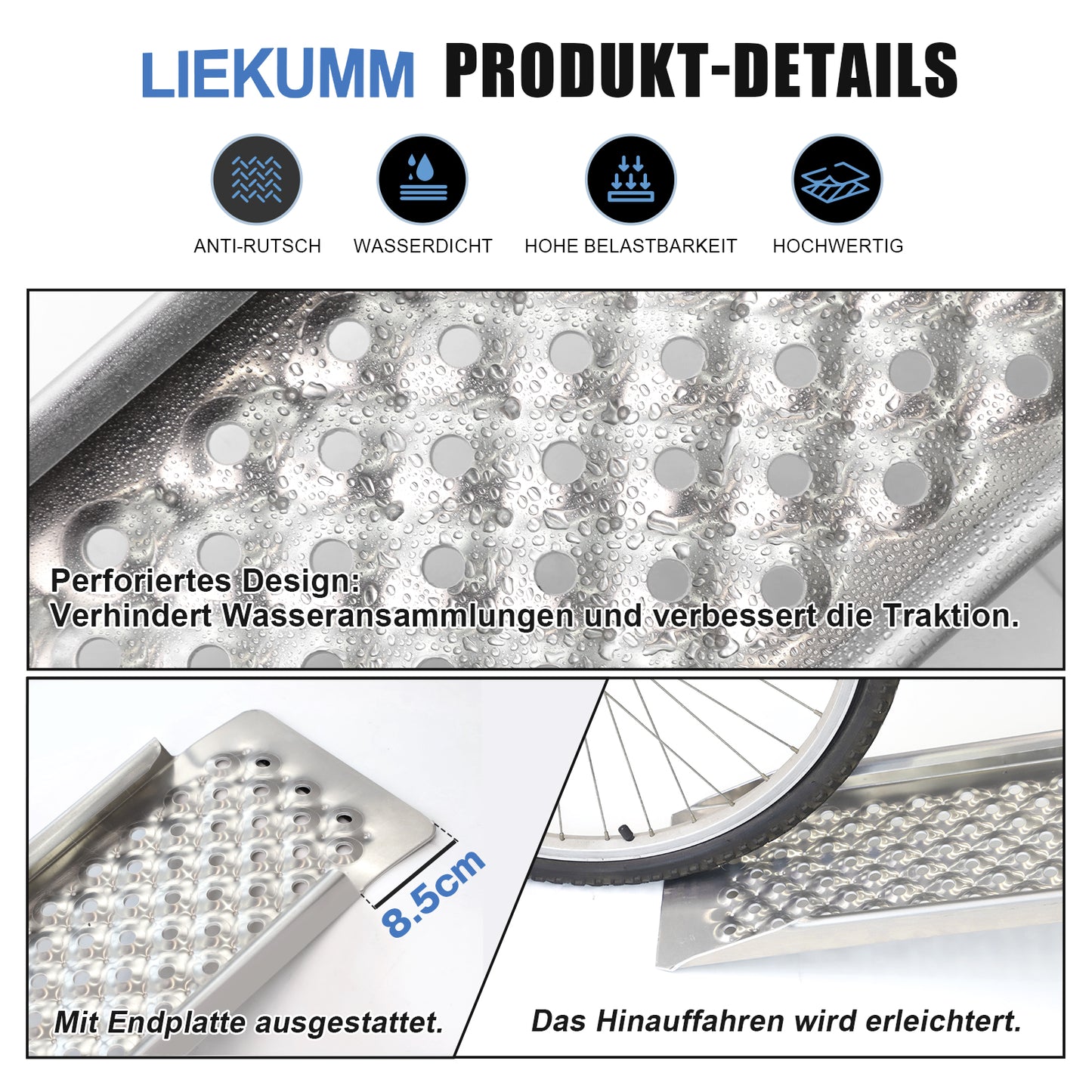 LIEKUMM 2X Aluminium Auffahrrampe, 600 kg Tragkraft 150 x 21,5 cm Auffahrrampe für Anhänger, Motorrad Rampe für PKW, Anhänger, Leichte Laderampe für Treppe, ATV, UTV, Quad, Fahrrad, Motorrad