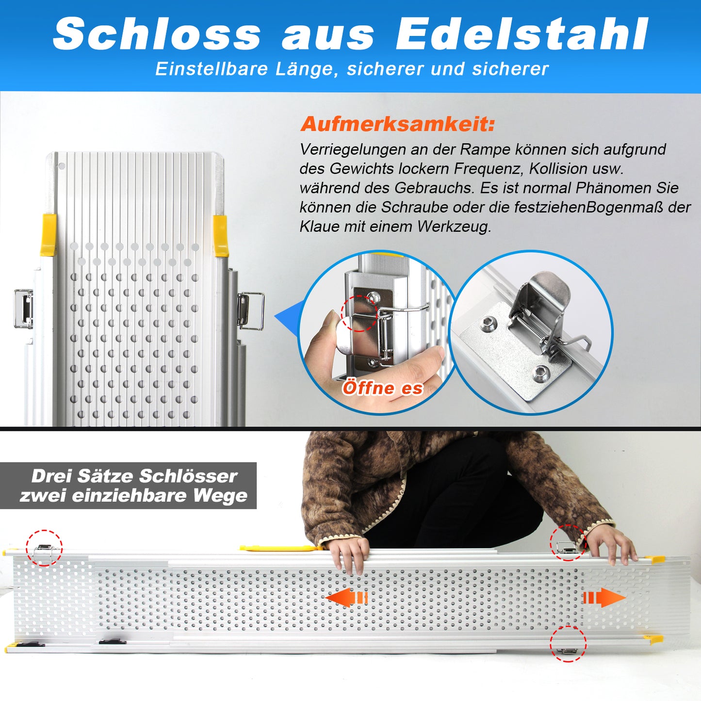 LIEKUMM 2 x 127-300 cm Auffahrrampe Rollstuhl, 300 kg Tragfähigkeit Rollstuhlrampe für Treppen, Stufen, Tragbar Teleskop Auffahrrampe für Elektro-Rollstühle, Fahrräder, Dreifach Ausziehbar
