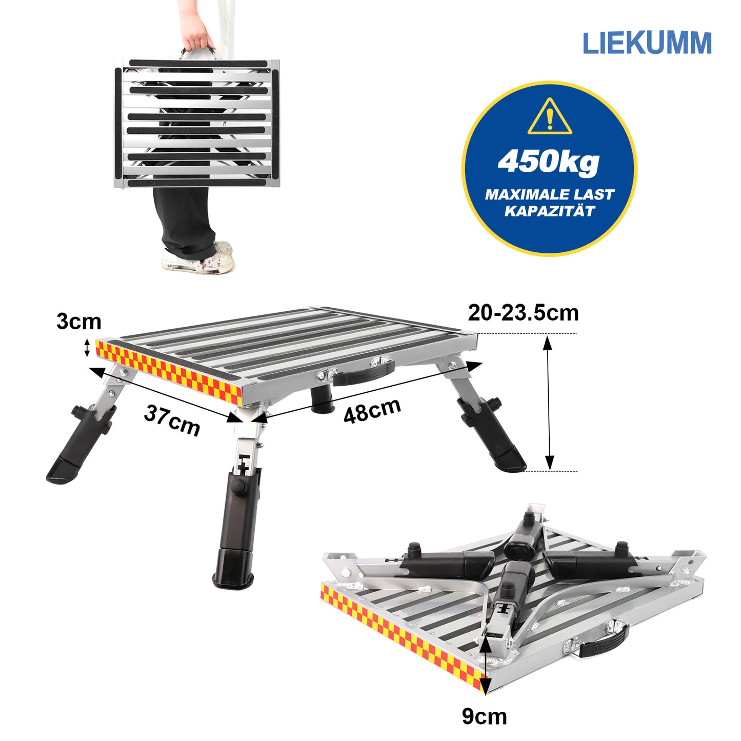 LIEKUMM Alu Tritthocker, Klapptritt, bis 450kg, 48x37cm Trittleiter mit Rutschfester Plattform, Höhenverstellbar 17-20,5 cm, Wohnwagen Trittstufe, Geeignet für Küche, SUV, mit Leuchtstoffstreifen