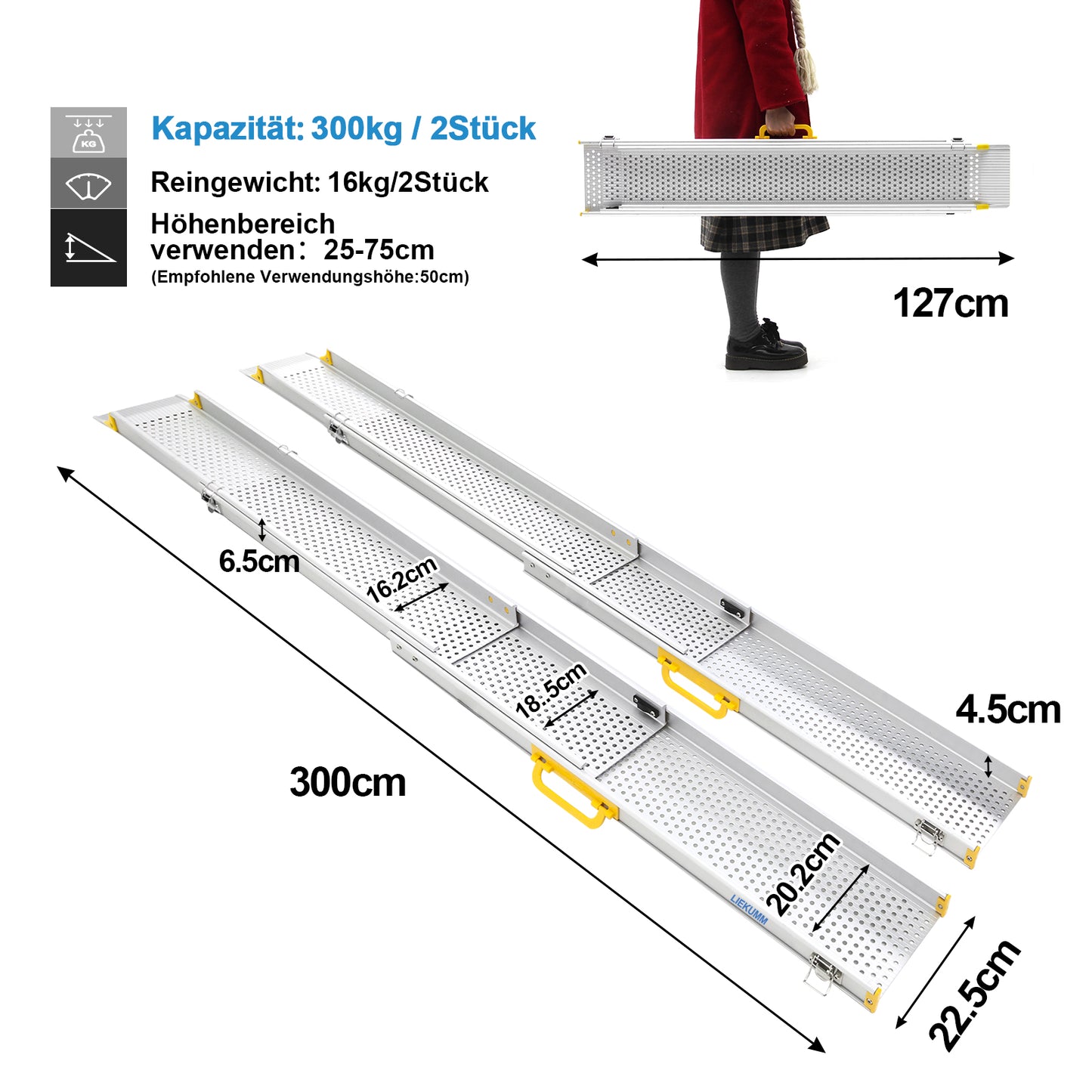 LIEKUMM 2 x 127-300 cm Auffahrrampe Rollstuhl, 300 kg Tragfähigkeit Rollstuhlrampe für Treppen, Stufen, Tragbar Teleskop Auffahrrampe für Elektro-Rollstühle, Fahrräder, Dreifach Ausziehbar
