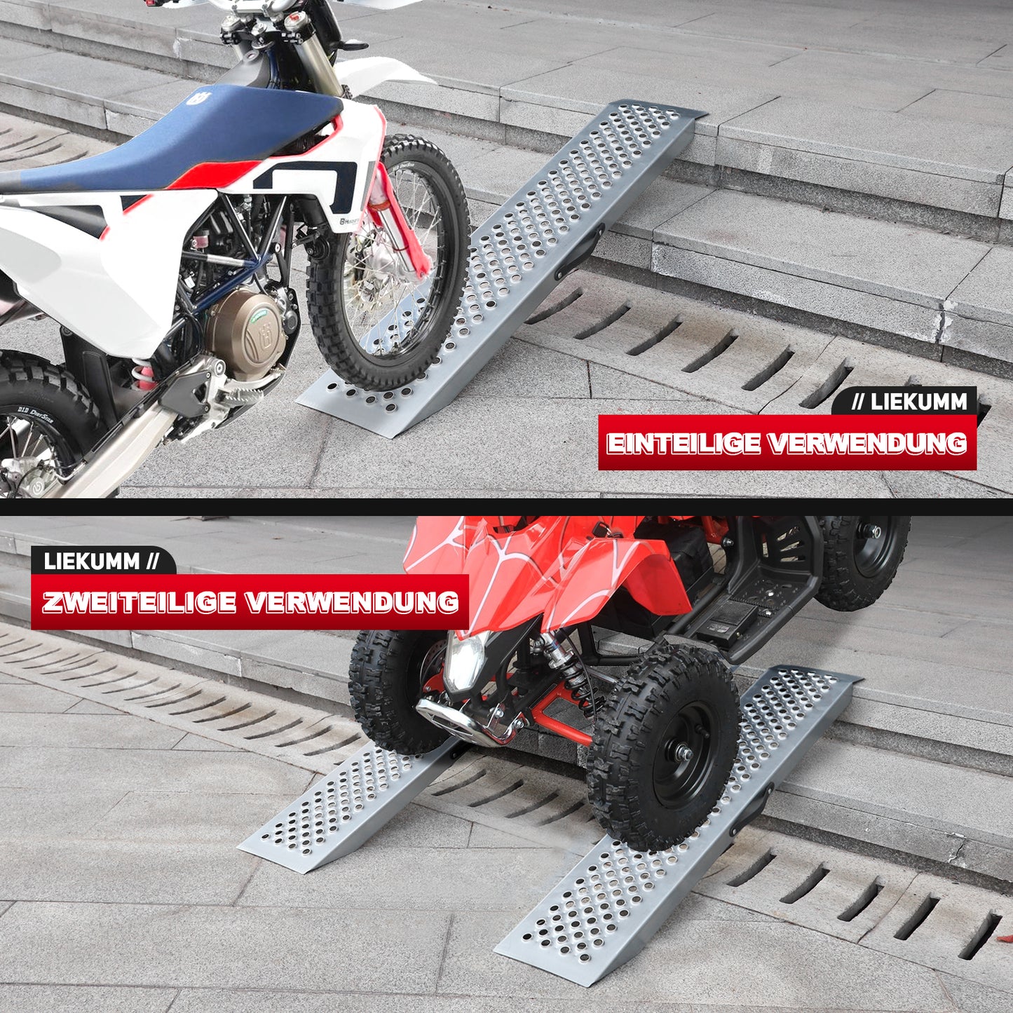 LIEKUMM 120X23cm Laderampe, 1 Stück 120cm Auffahrrampe, 300kg/PC Kapazität, 2X Auffahrrampe, 600kg/PR Kapazität, Verladerampen für Motorrad, ATV, LKW, Quad, Rasenmäher, Schneefräse, Anti-Rutsch Wasserdicht Rostfrei