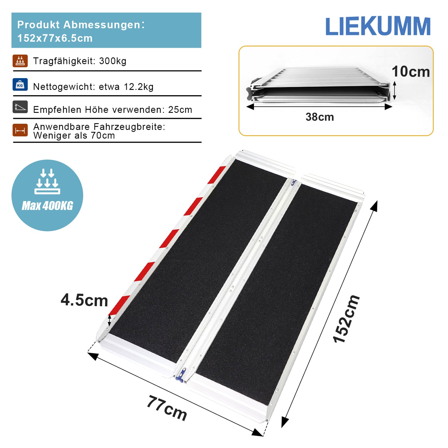 LIEKUMM Rollstuhlrampe 77 cm, klappbar, 300 kg, Aluminium, für Treppen & Stufen