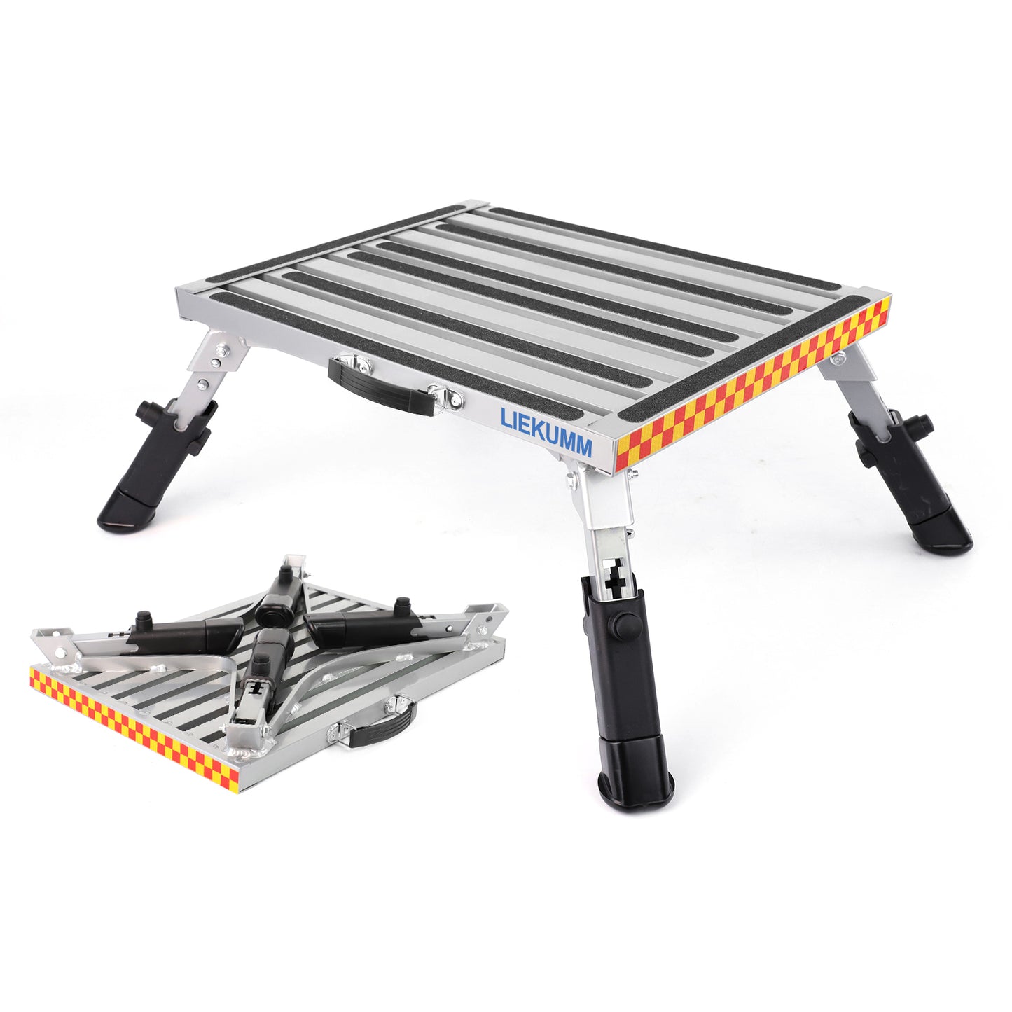 LIEKUMM Alu Tritthocker, Klapptritt, bis 450kg, 48x37cm Trittleiter mit Rutschfester Plattform, Höhenverstellbar 17-20,5 cm, Wohnwagen Trittstufe, Geeignet für Küche, SUV, mit Leuchtstoffstreifen