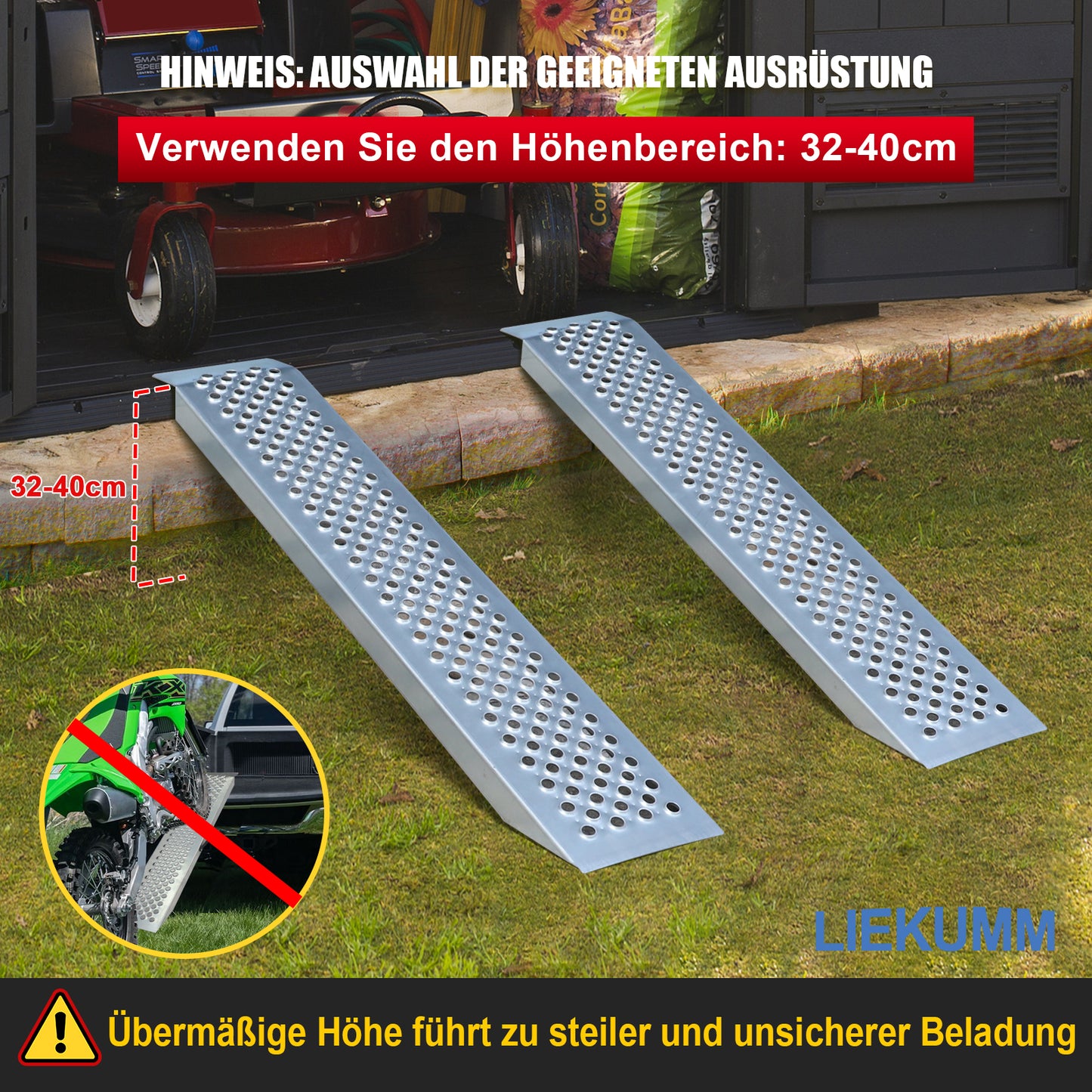 LIEKUMM 120X23cm Laderampe, 1 Stück 120cm Auffahrrampe, 300kg/PC Kapazität, 2X Auffahrrampe, 600kg/PR Kapazität, Verladerampen für Motorrad, ATV, LKW, Quad, Rasenmäher, Schneefräse, Anti-Rutsch Wasserdicht Rostfrei