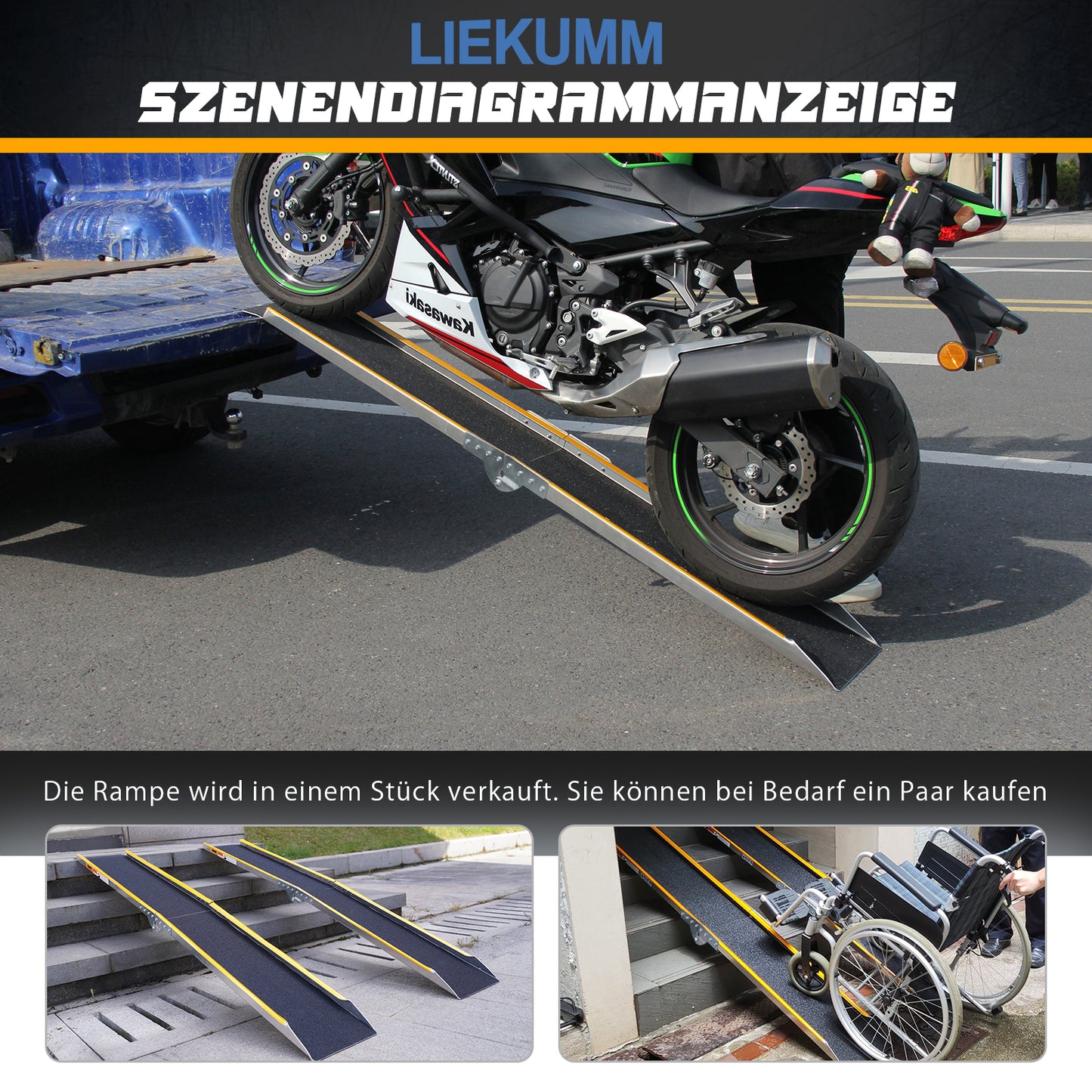 LIEKUMM 1 x 180 cm Auffahrrampe, 200 kg Tragkraft Aluminium Motorrad Rampe Klappbar