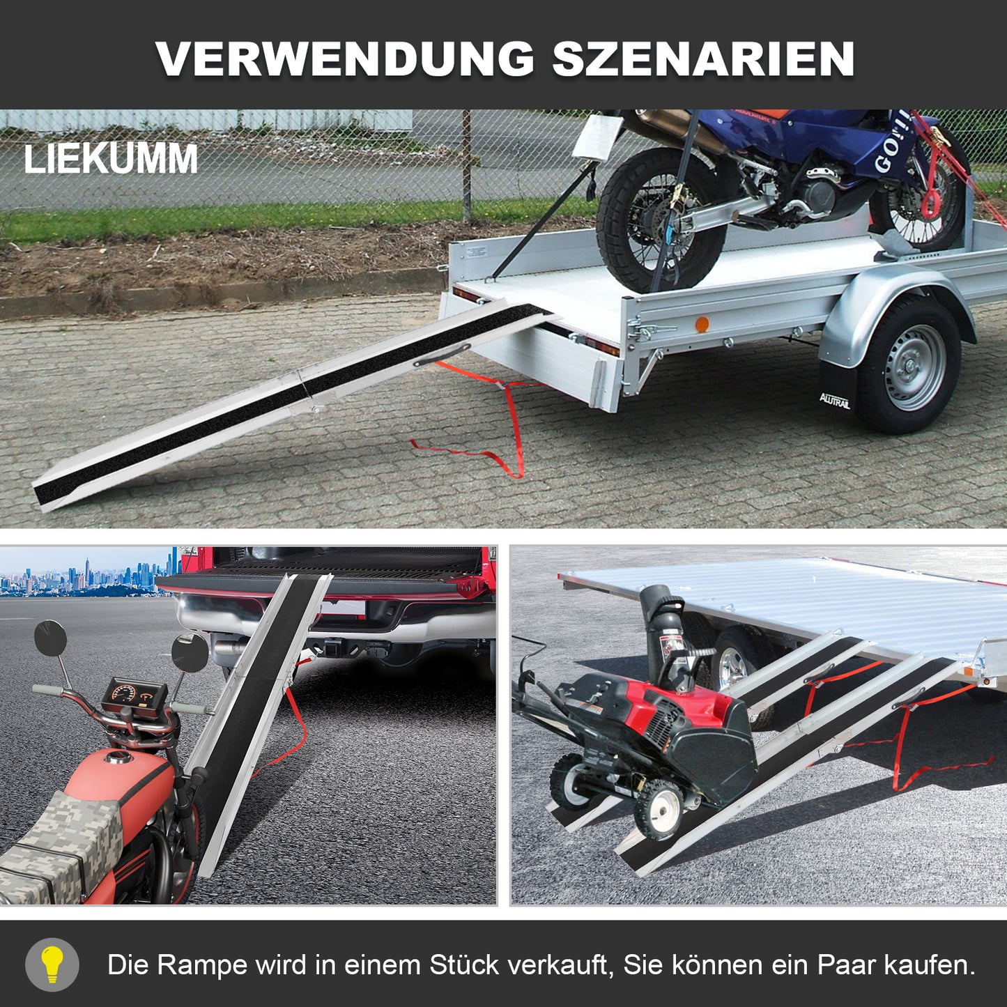 LIEKUMM 1X Motorrad Auffahrrampe, 280KG Kapazität, 180cm Eisenrampe mit Anti-Rutsch-Folie für Anhänger, ATV, PKW, Treppe