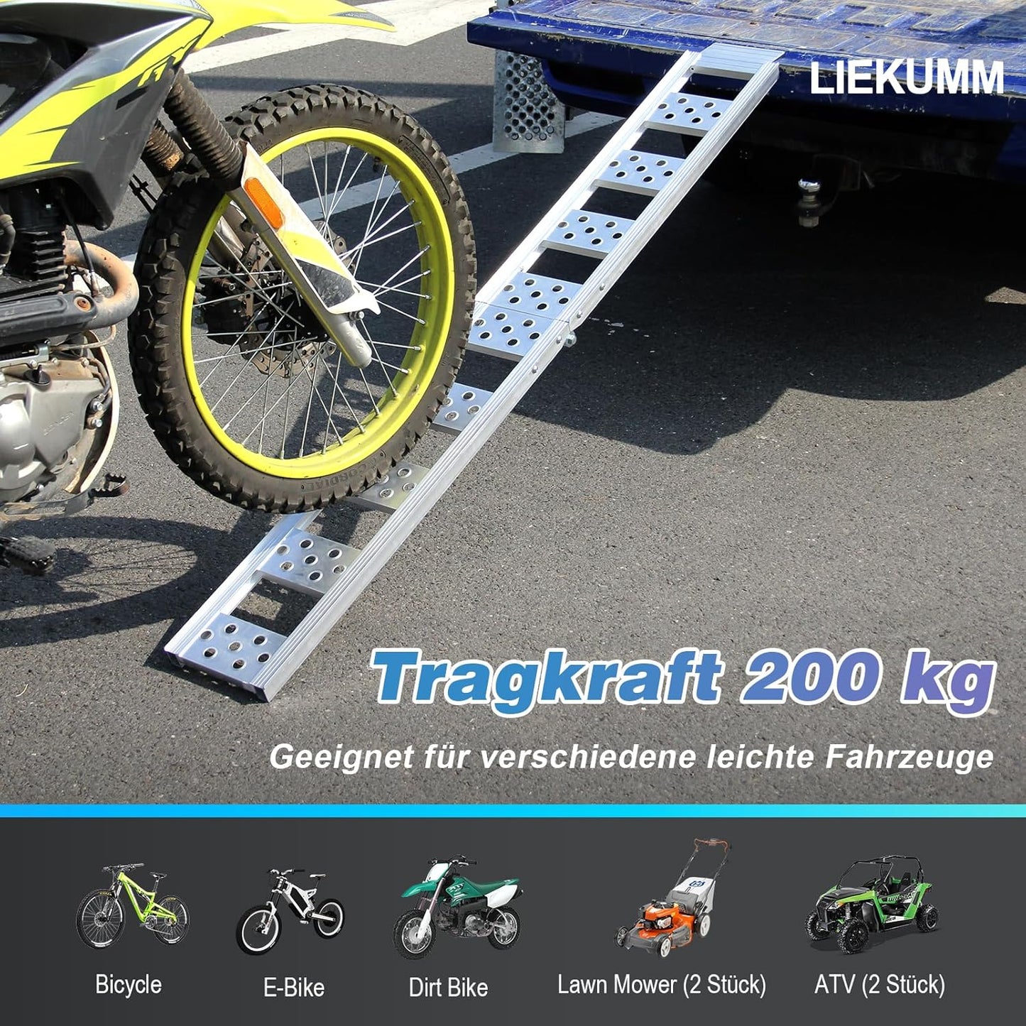 LIEKUMM Klappbare Aluminium Auffahrrampe 180 cm – 200 kg, für Motorrad & Anhänger