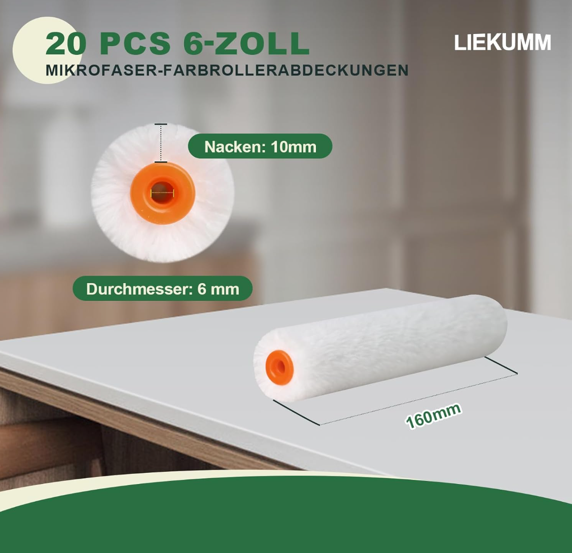LIEKUMM 20 Stücke Malerrollen Set, 16 cm Farbroller, Florhöhe 10mm Profi Farbwalze, Lackroller für Holz, Farbrollen für Zimmer, Wand, Decke, Kabinettmalerei, Weiß