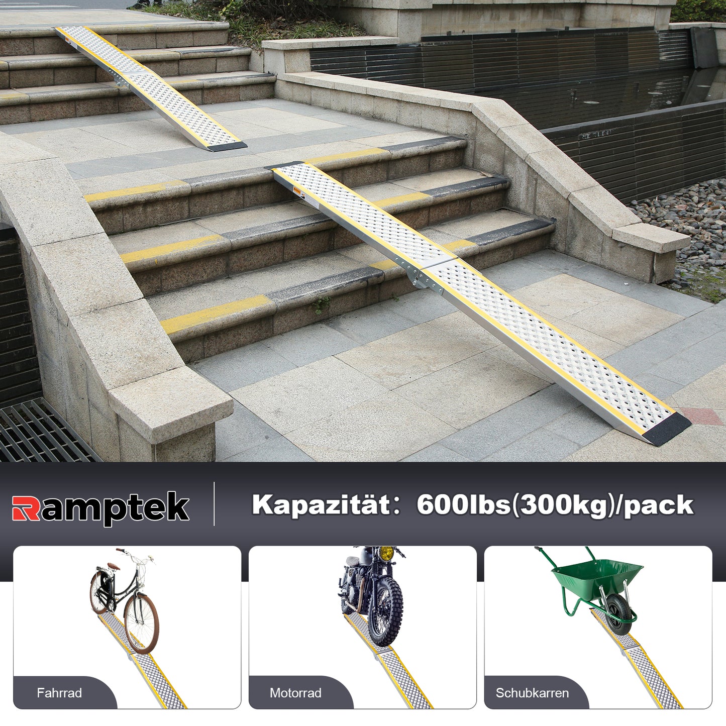 Rampe de chargement, 200 x 21,5 cm, rampe de chargement portable pour moto, capacité de 300 kg, rampe de chargement en aluminium pour VTT, quad, camion, scooter, tondeuse à gazon, motocross, 1 pièce