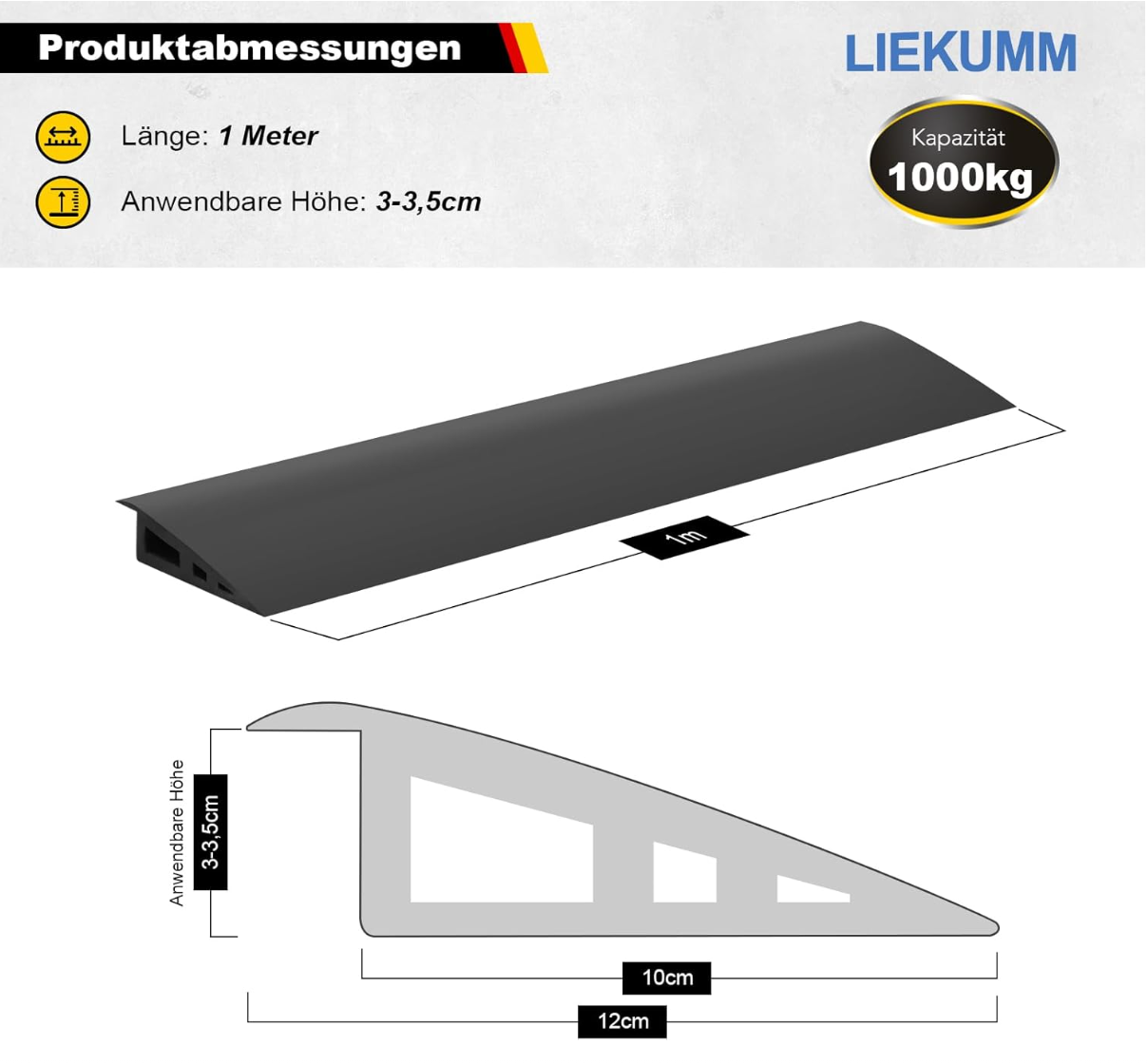 LIEKUMM 100 cm Gummi Türschwellenrampe, 3–3,5 cm Höhe, 1000 kg Tragkraft, Rampe für Rasen, Türschwellen, Teppich, Bordsteinrampe für Golfcart, Motorrad, Rollstuhl, Transportwagen