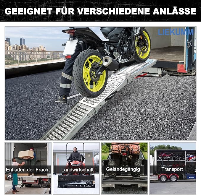 LIEKUMM 2X Faltbare Auffahrrampe, 440 kg Tragkraft Motorrad Rampe, 194 cm Stahl Klappbar Auffahrrampe für Anhänger, Rasenmäher, Rasentraktor, PKW Laderampe