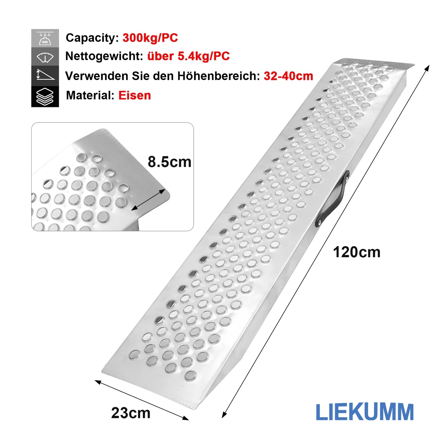 LIEKUMM 120X23cm Laderampe, 1 Stück 120cm Auffahrrampe, 300kg/PC Kapazität, 2X Auffahrrampe, 600kg/PR Kapazität, Verladerampen für Motorrad, ATV, LKW, Quad, Rasenmäher, Schneefräse, Anti-Rutsch Wasserdicht Rostfrei