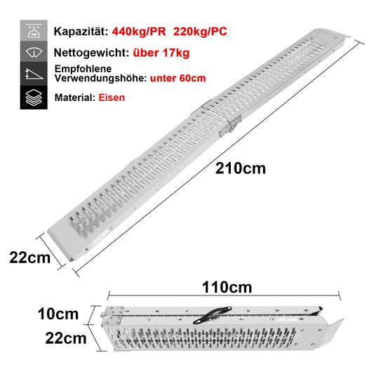 LIEKUMM 2X Klappbare Auffahrrampen, 210 cm Stahl Auffahrrampe für Anhänger, 440 kg Tragkraft Auffahrrampe für Motorrad, Rasenmäher, Rasentraktor, PKW Auto Laderampe