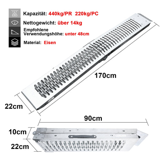 LIEKUMM 2X Klappbare Auffahrrampen, 170 cm Stahl Auffahrrampe für Anhänger, 440 kg Tragkraft Auffahrrampe für Motorrad, Rasenmäher, Rasentraktor, PKW Auto Laderampe