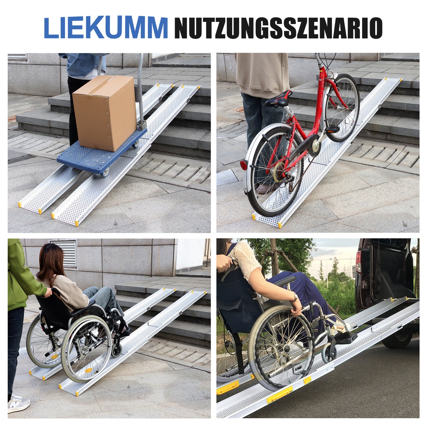 LIEKUMM 2 x 127-300 cm Auffahrrampe Rollstuhl, 300 kg Tragfähigkeit Rollstuhlrampe für Treppen, Stufen, Tragbar Teleskop Auffahrrampe für Elektro-Rollstühle, Fahrräder, Dreifach Ausziehbar
