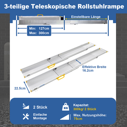 LIEKUMM Rollstuhlrampe 2er Set, teleskopisch 127–300 cm, 300 kg, für Treppen & Stufen