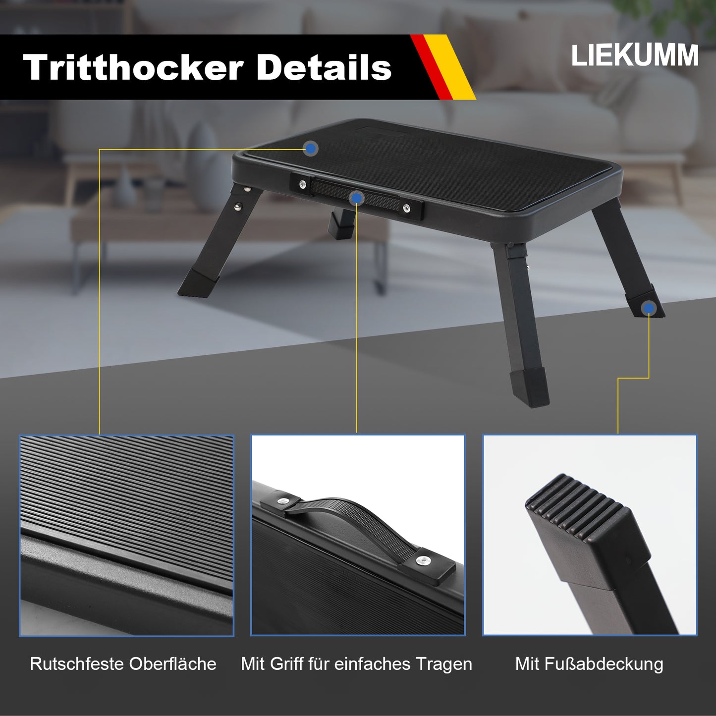 LIEKUMM Tritthocker 18 cm – Klappbar, 150 kg Belastbar