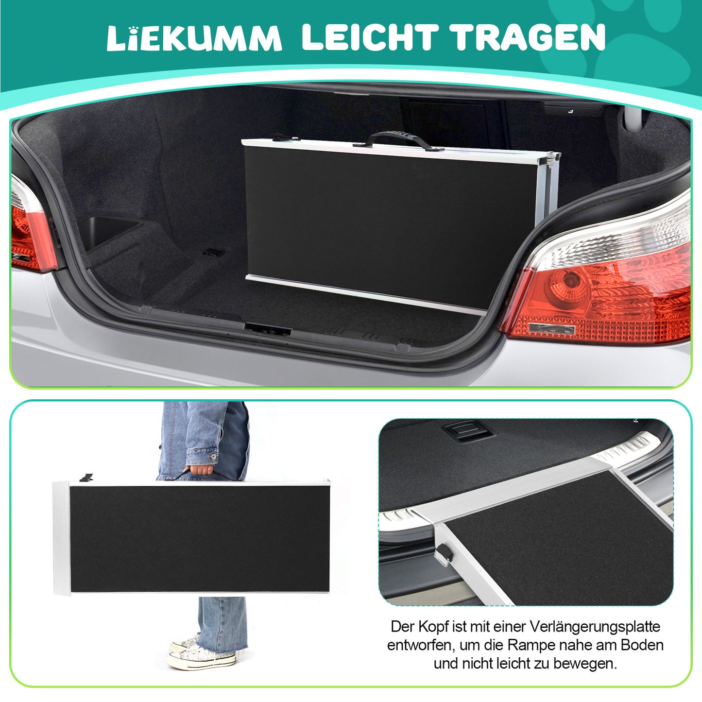LIEKUMM Hunderrampe Klappbar, 180 kg Tragkraft Aluminium Rampe Hund, 184,5 x 38 cm Hundetreppe für Kleine Hunde, Hundetreppe Auto für LKWs und SUVs