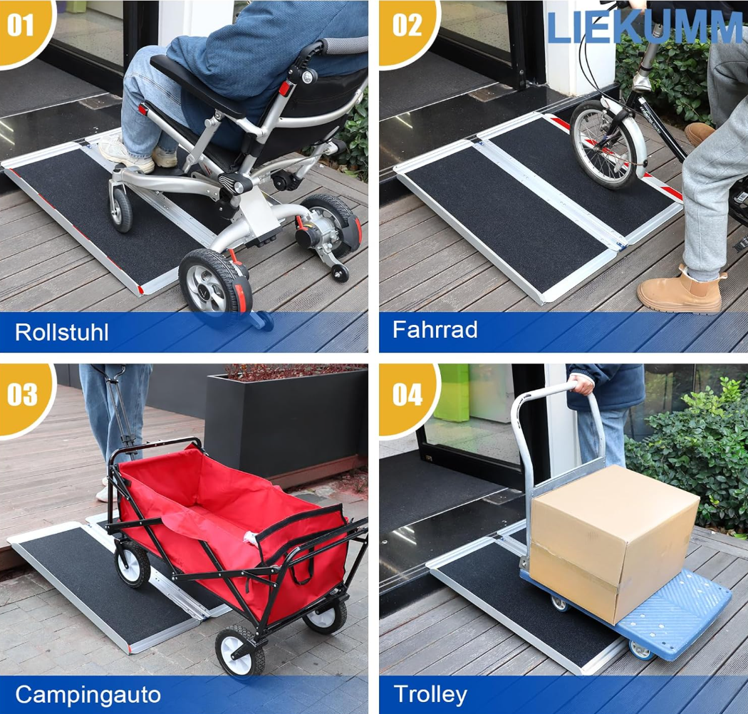 LIEKUMM Rollstuhlrampe 77 cm Breite, 300 kg Kapazität Rollstuhlrampe Klappbar, 61 cm Aluminium Rollstuhlrampe für Treppen, Stufen, Bordsteine, Schwellenrampe für Elektro-Rollstuhl, Kinderwagen