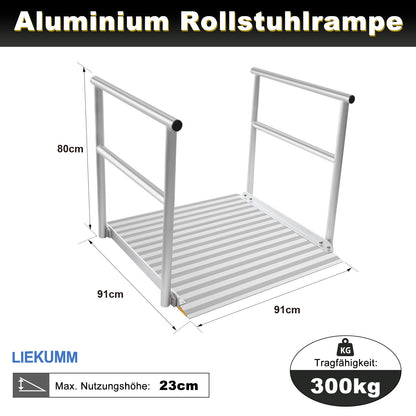 LIEKUMM Rollstuhlrampe mit Handläufen 91 × 91 cm – Aluminium, 300 kg
