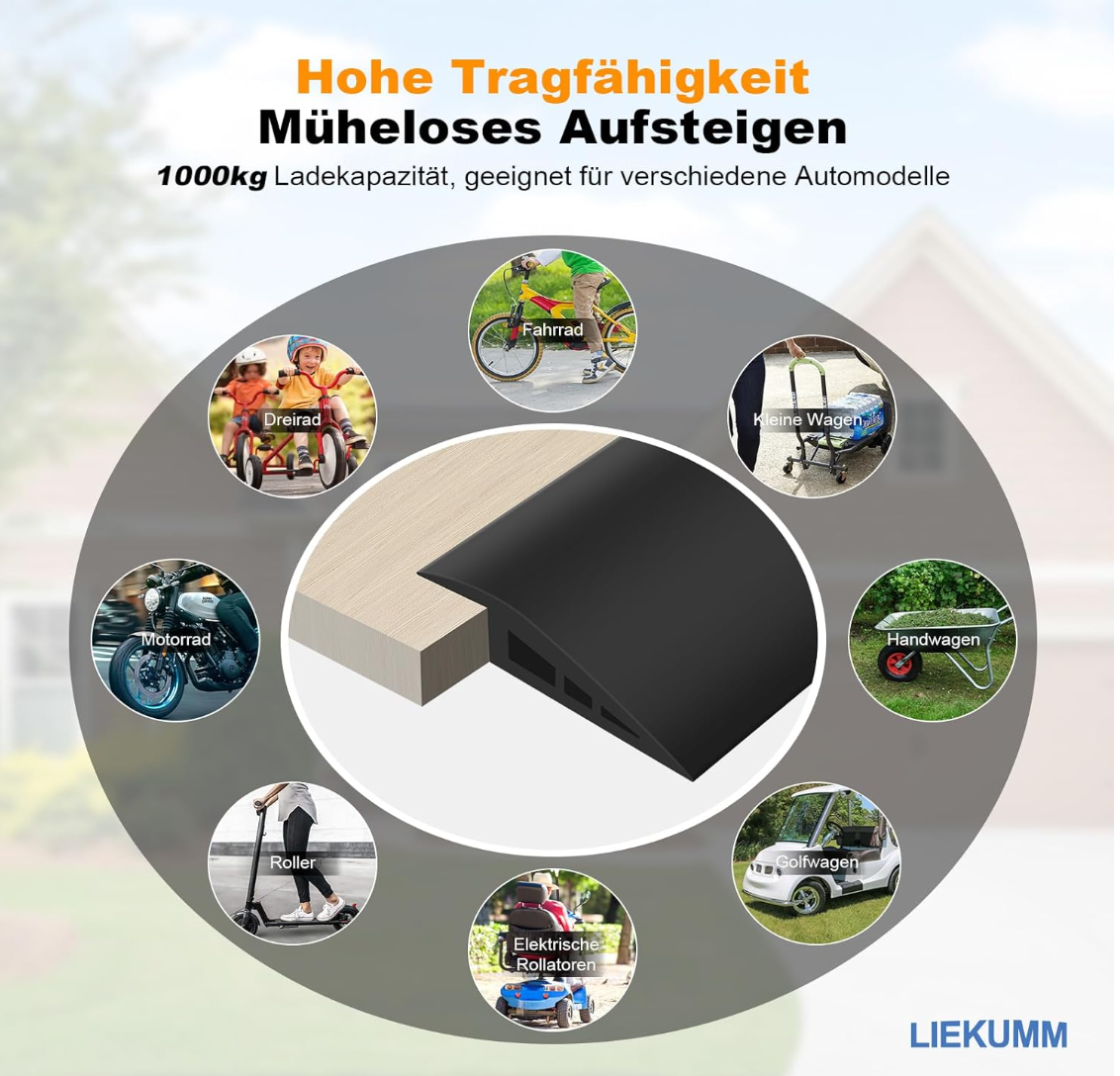 LIEKUMM 100 cm Gummi Türschwellenrampe, 3–3,5 cm Höhe, 1000 kg Tragkraft, Rampe für Rasen, Türschwellen, Teppich, Bordsteinrampe für Golfcart, Motorrad, Rollstuhl, Transportwagen