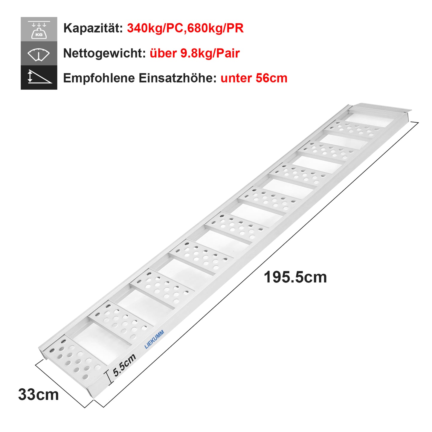 LIEKUMM 2er Set Aluminium Auffahrrampe 195,5 cm – Klappbar, 680 kg Tragkraft