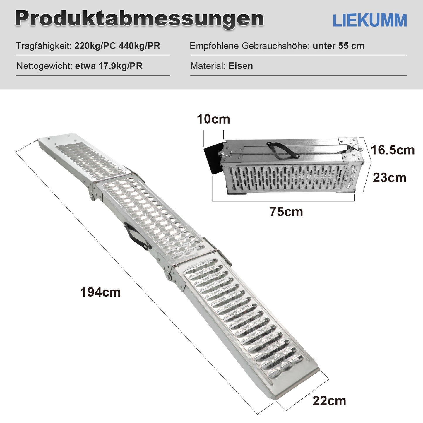 LIEKUMM Klappbare Stahl Auffahrrampe 194 cm – 440 kg, für Motorrad & Anhänger (2er Set)