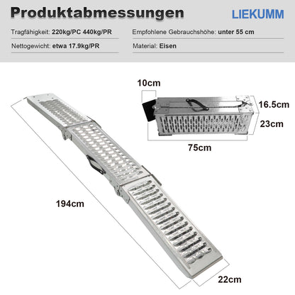 LIEKUMM Klappbare Stahl Auffahrrampe 194 cm – 440 kg, für Motorrad & Anhänger (2er Set)