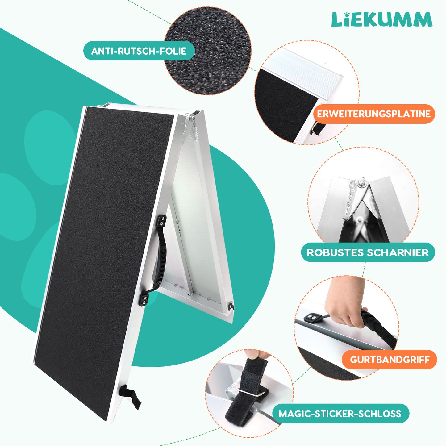 LIEKUMM Hunderrampe Klappbar, 180 kg Tragkraft Aluminium Rampe Hund, 184,5 x 38 cm Hundetreppe für Kleine Hunde, Hundetreppe Auto für LKWs und SUVs