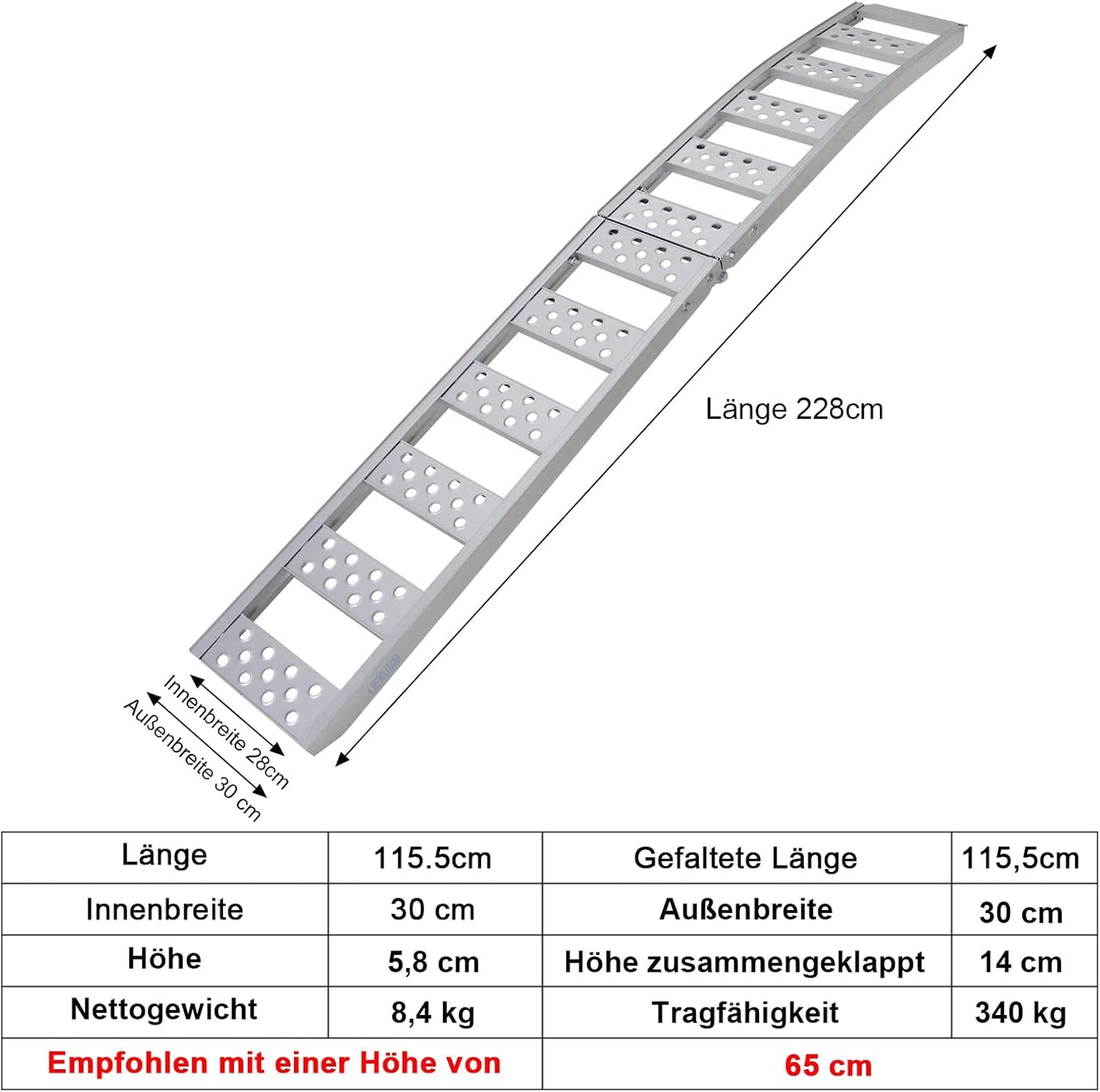LIEKUMM 1er Aluminium Auffahrrampe 228 cm – Klappbar, 340 kg Tragkraft