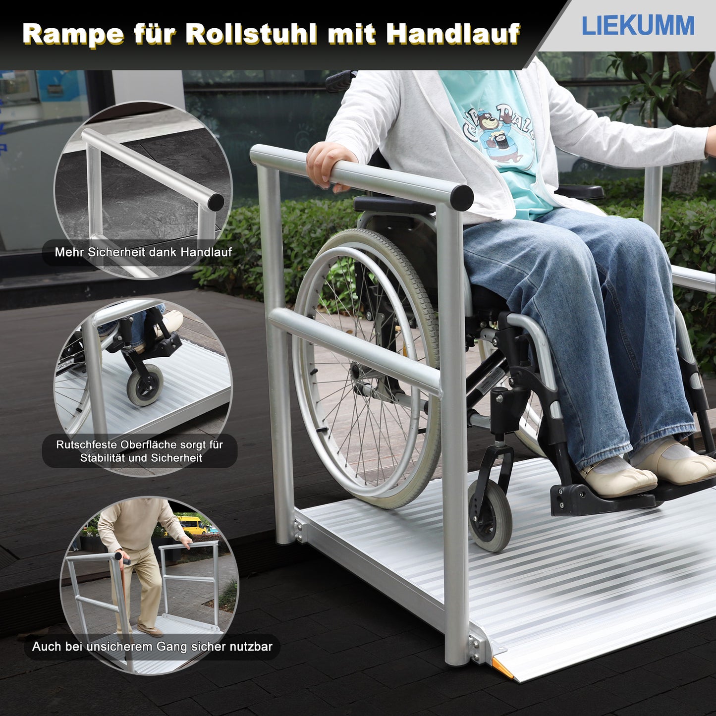 LIEKUMM Rollstuhlrampe mit Handläufen 91 × 91 cm – Aluminium, 300 kg