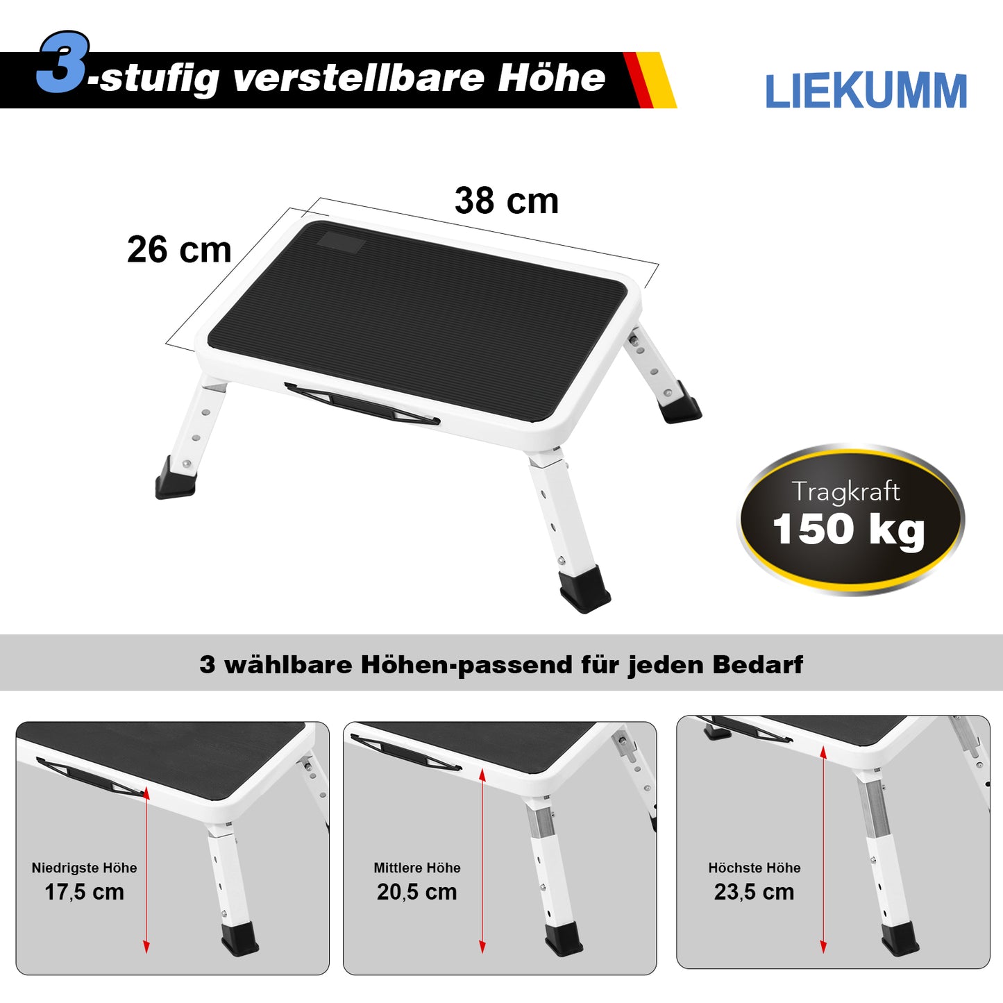LIEKUMM 3-stufiger Klapphocker – Höhenverstellbar, Rutschfest, 150 kg