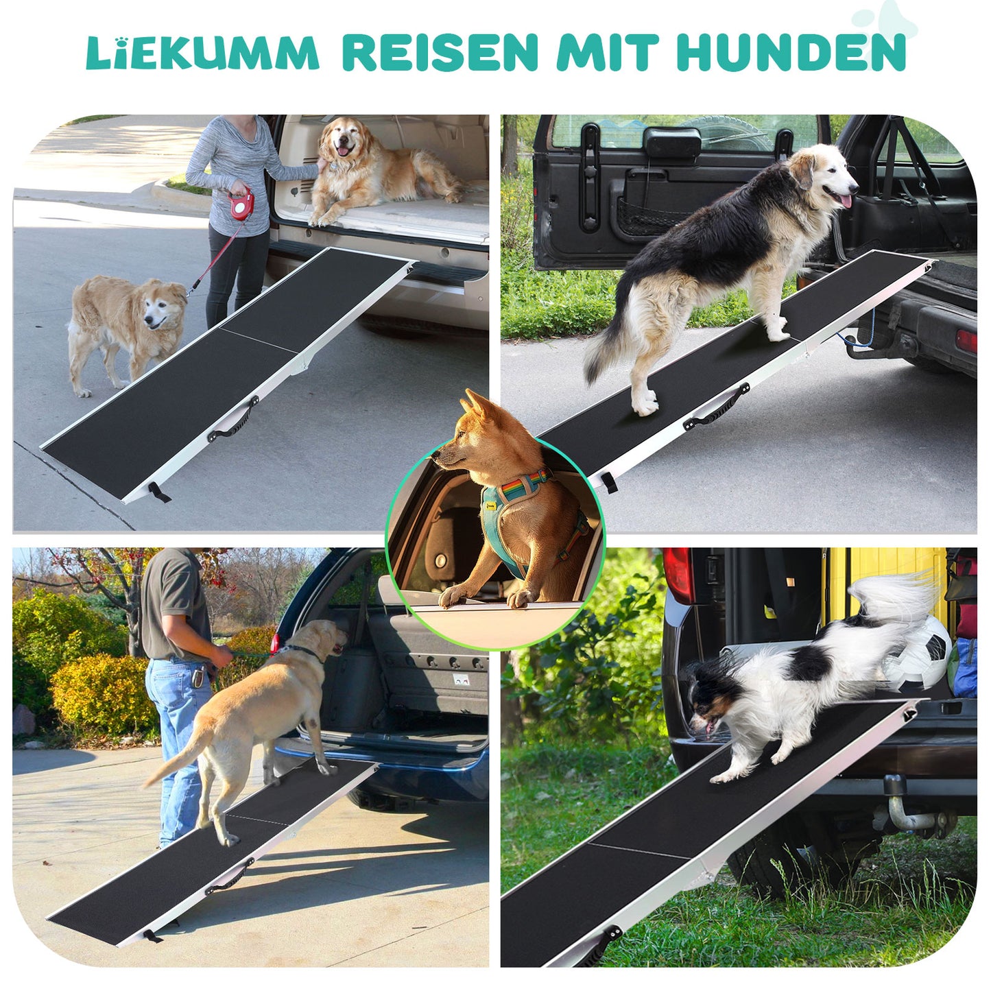 LIEKUMM Hunderrampe Klappbar, 180 kg Tragkraft Aluminium Rampe Hund, 184,5 x 38 cm Hundetreppe für Kleine Hunde, Hundetreppe Auto für LKWs und SUVs
