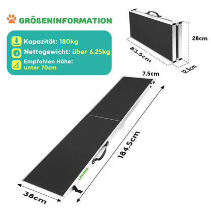 LIEKUMM Hunderrampe Klappbar, 180 kg Tragkraft Aluminium Rampe Hund, 184,5 x 38 cm Hundetreppe für Kleine Hunde, Hundetreppe Auto für LKWs und SUVs