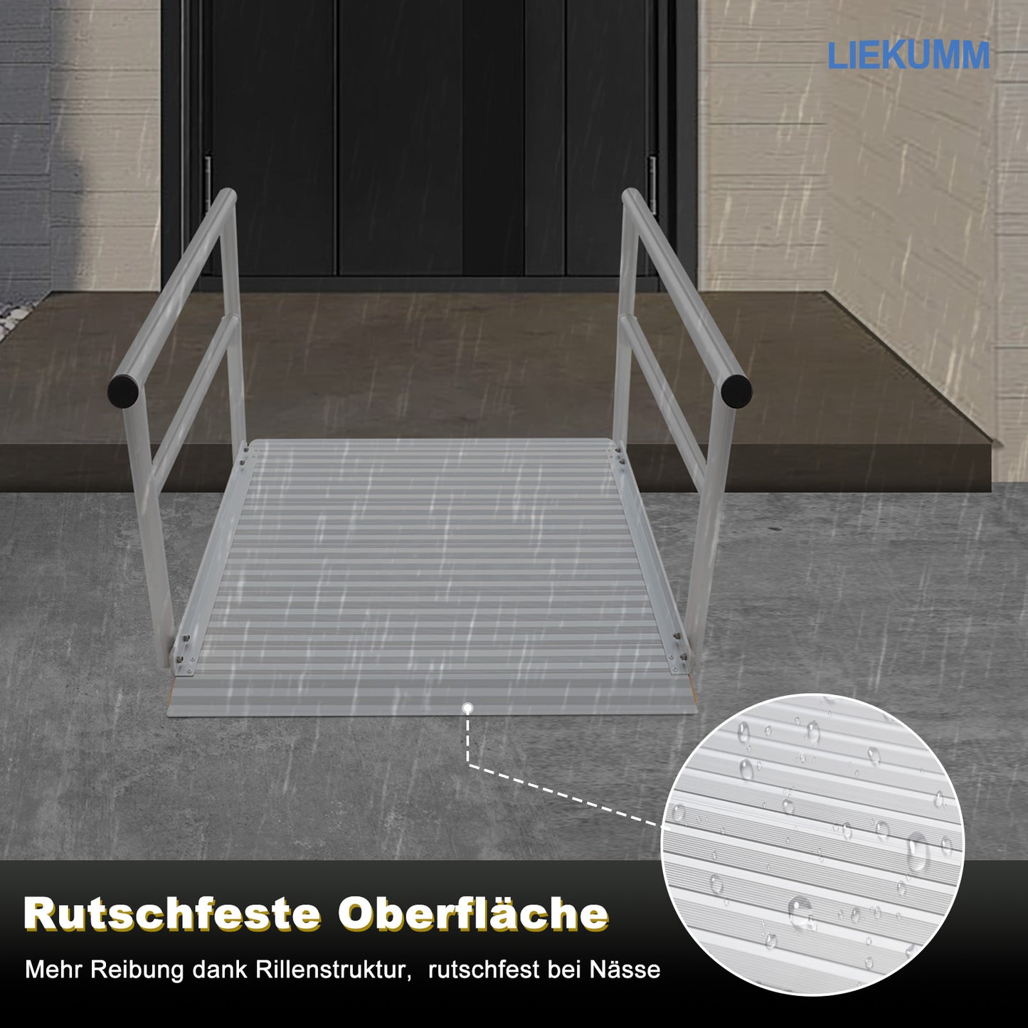 LIEKUMM Rollstuhlrampe mit Handläufen 91 × 91 cm – Aluminium, 300 kg