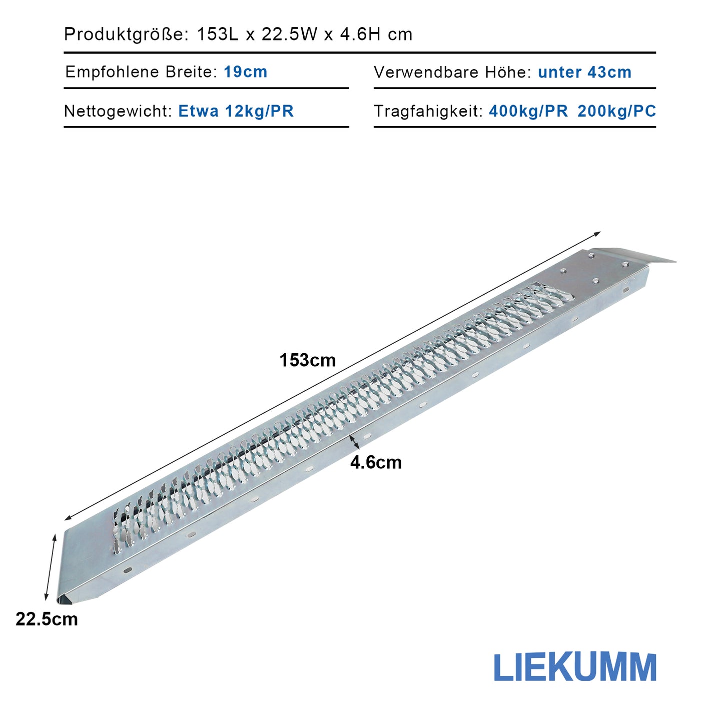 LIEKUMM 2X Auffahrrampe 440 kg Tragfähigkeit, 151x22.5cm Stahl Auto Rampen, Motorradrampe PKW Auto, galvanisierter Stahl Laderampe, 2 stück