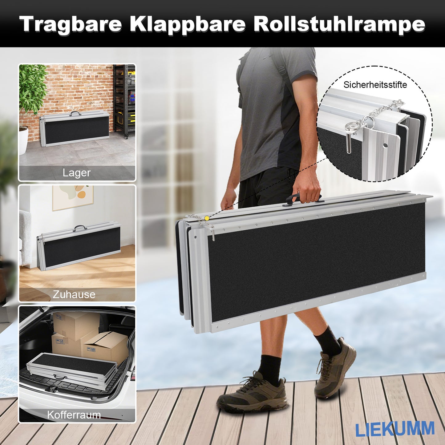 LIEKUMM Tragbare Aluminium Rollstuhlrampe 151,5 cm – Klappbar, 300 kg