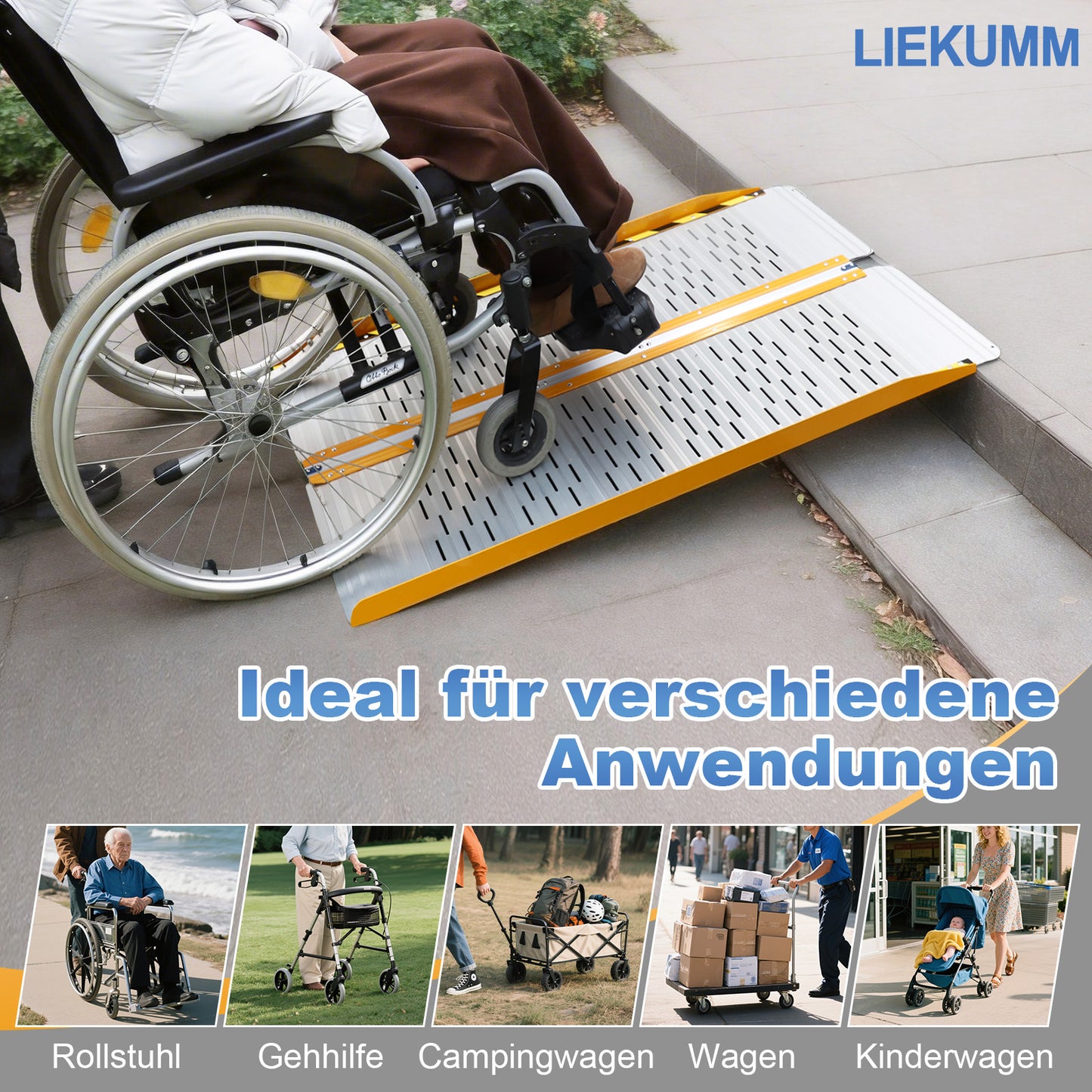 LIEKUMM Leichte Aluminium Rollstuhlrampe 121 cm – Klappbar, 300 kg