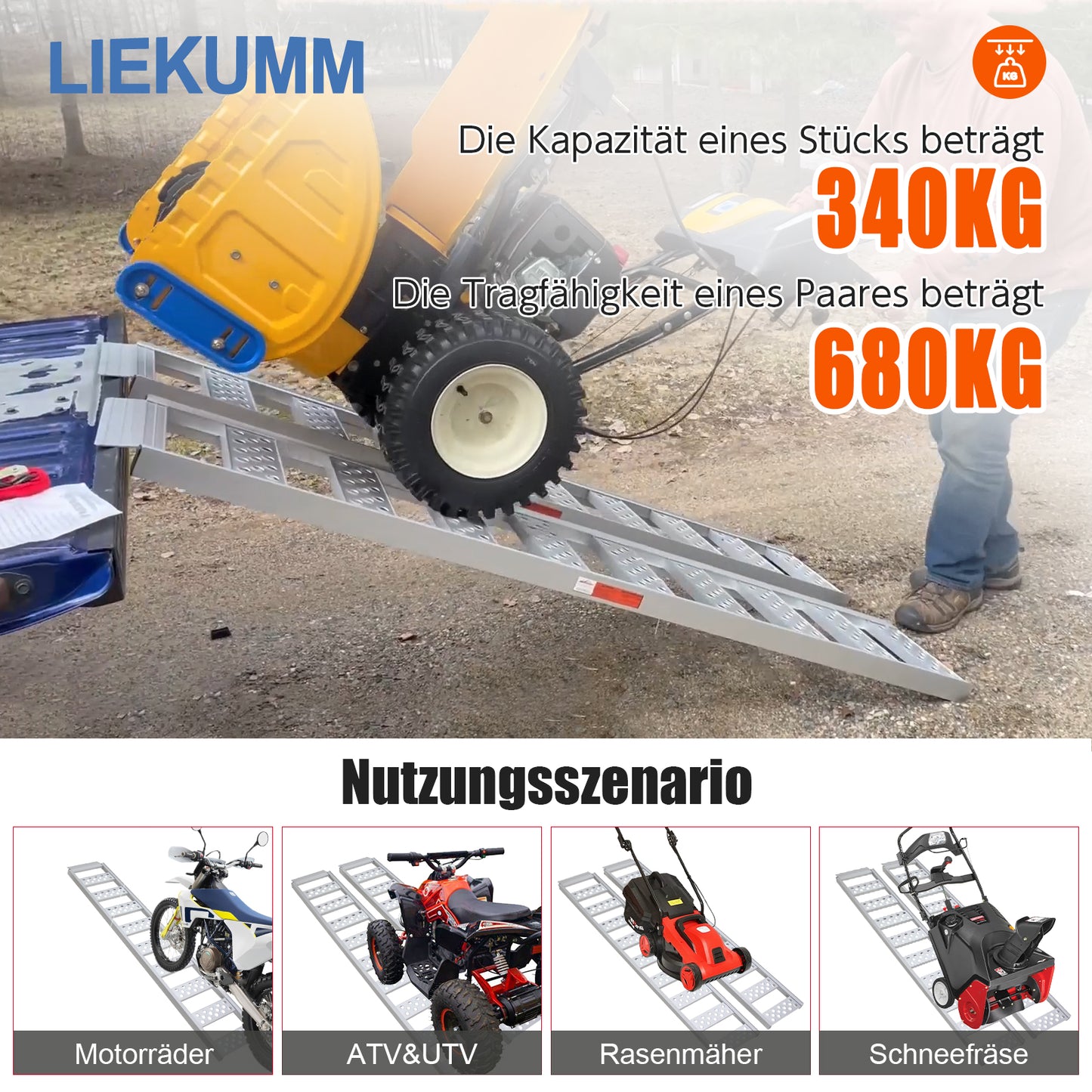 LIEKUMM 2er Set Aluminium Auffahrrampe 195,5 cm – Klappbar, 680 kg Tragkraft