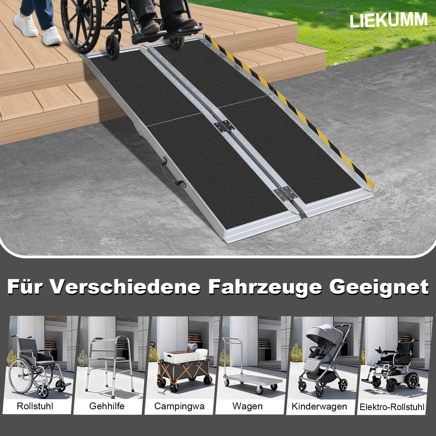LIEKUMM Tragbare Aluminium Rollstuhlrampe 151,5 cm – Klappbar, 300 kg