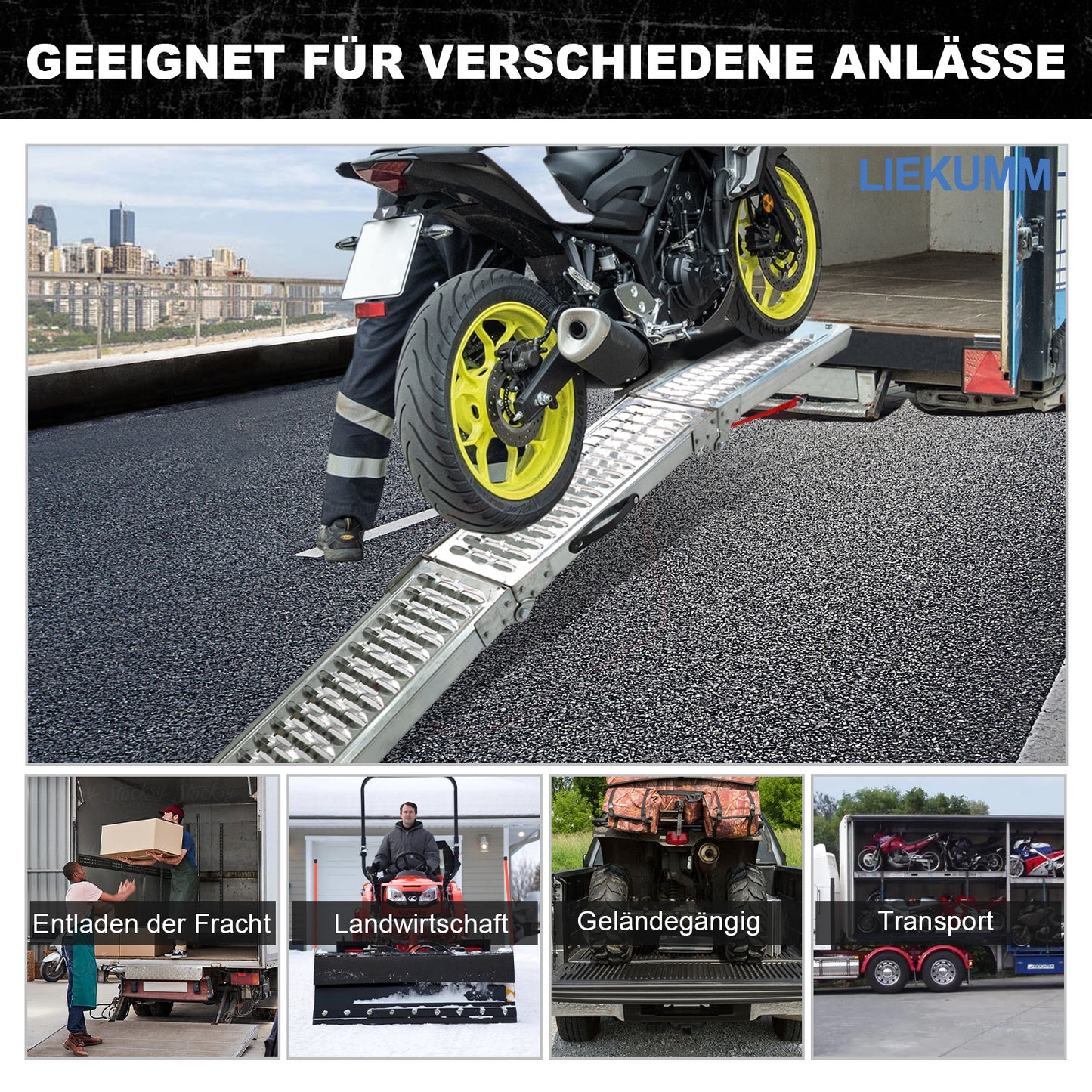 LIEKUMM Klappbare Stahl Auffahrrampe 194 cm – 440 kg, für Motorrad & Anhänger (2er Set)